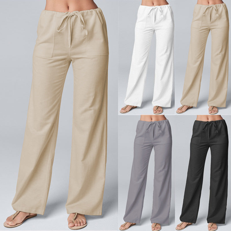 Pantalón Recto de Algodón y Lino para Mujer Diseño Suelto con Cordón Ajustable y Color Liso
