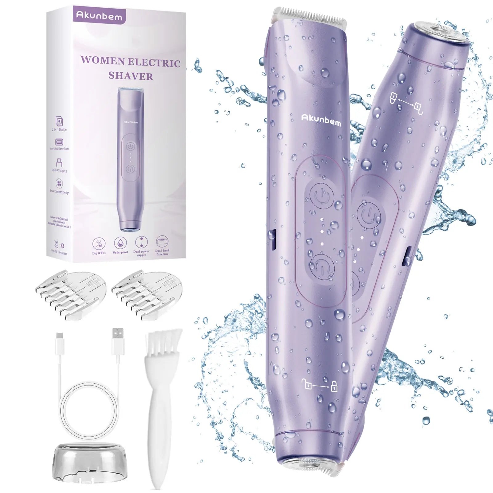 Depiladora Eléctrica 2 en 1 Akunbem para Mujer Recargable e Impermeable IPX7 para Rostro, Bikini, Axilas y Piernas