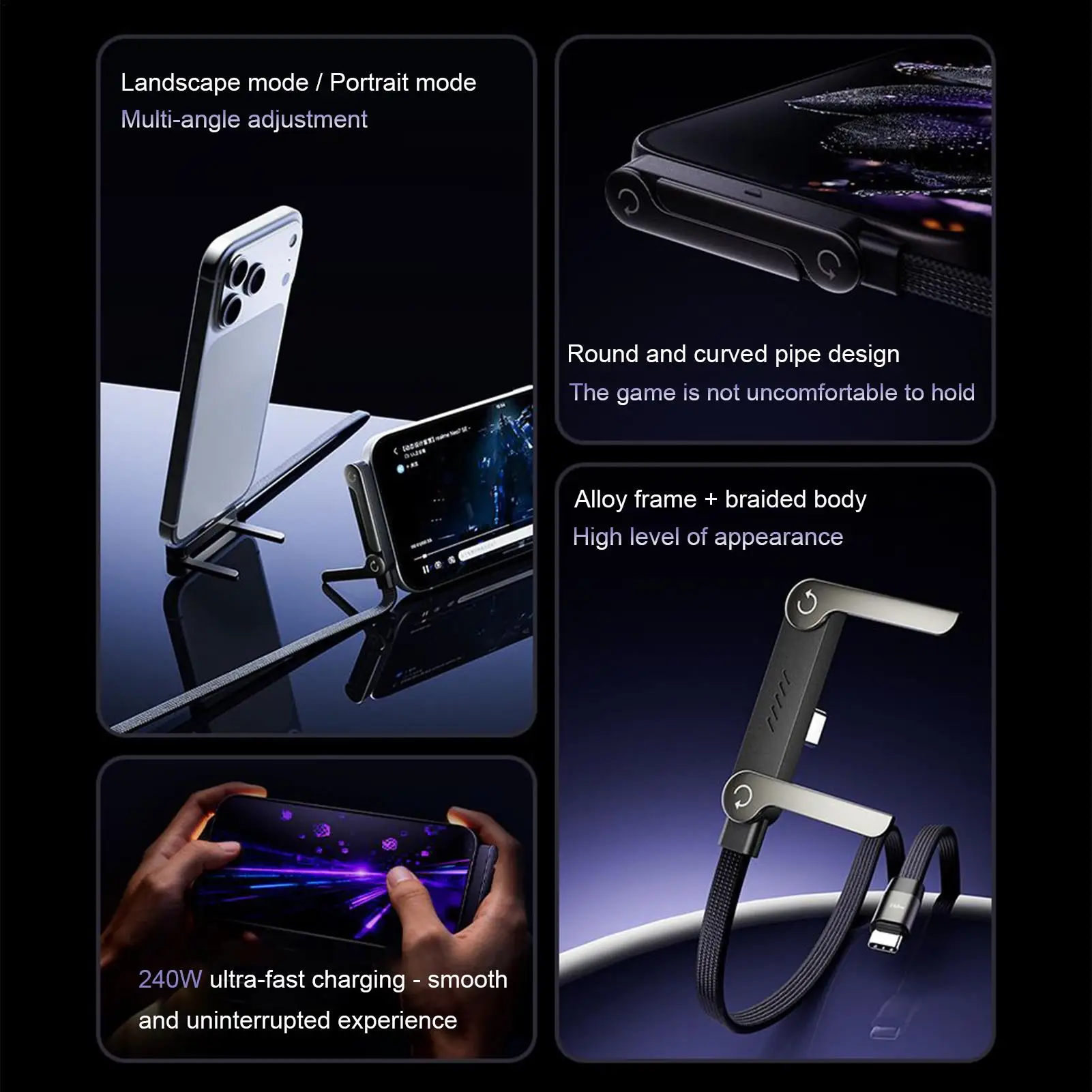 Cable de Carga Rápida 240W/65W con Soporte Plegable para Celular Compatible con iPhone y Smartphones/Tablets
