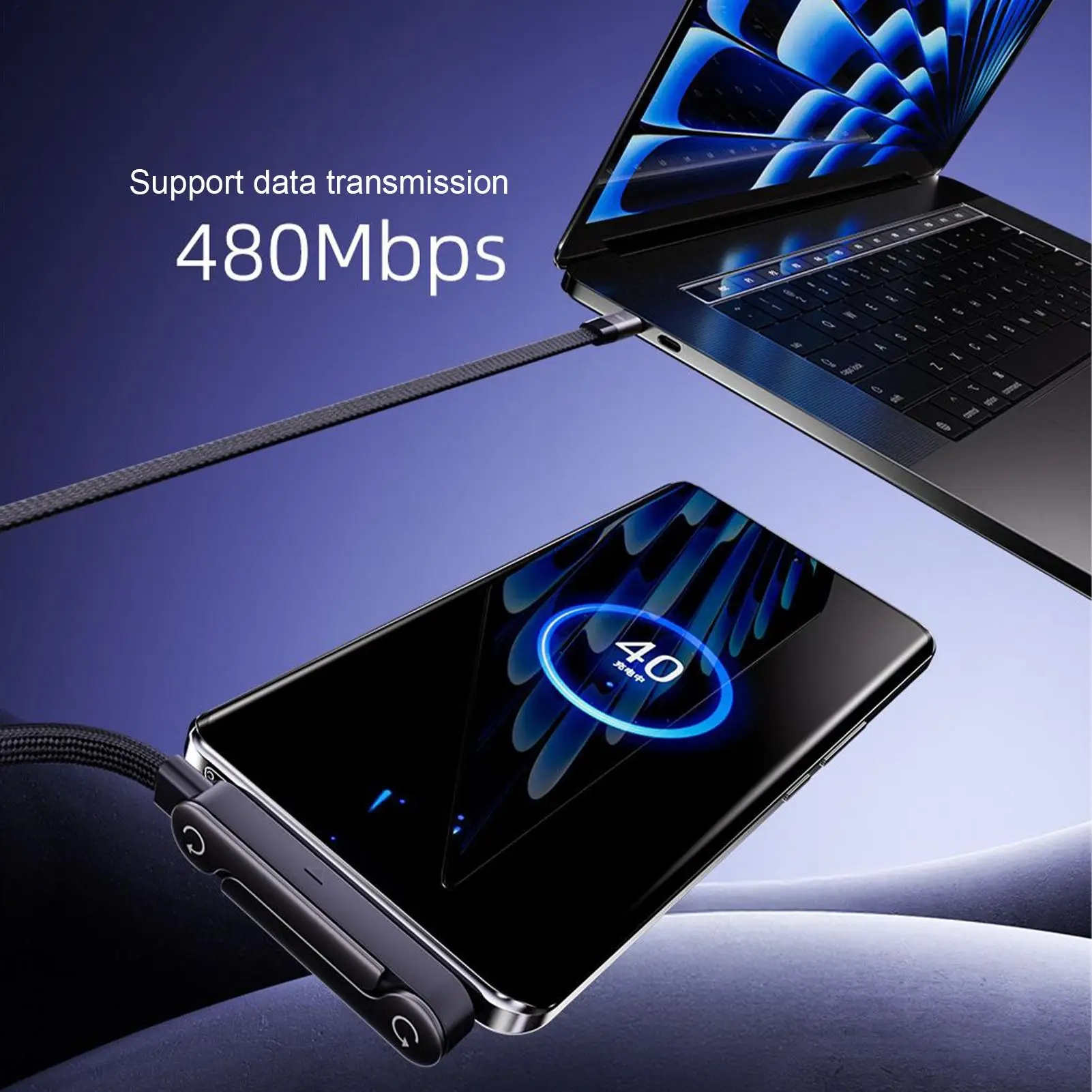 Cable de Carga Rápida 240W/65W con Soporte Plegable para Celular Compatible con iPhone y Smartphones/Tablets