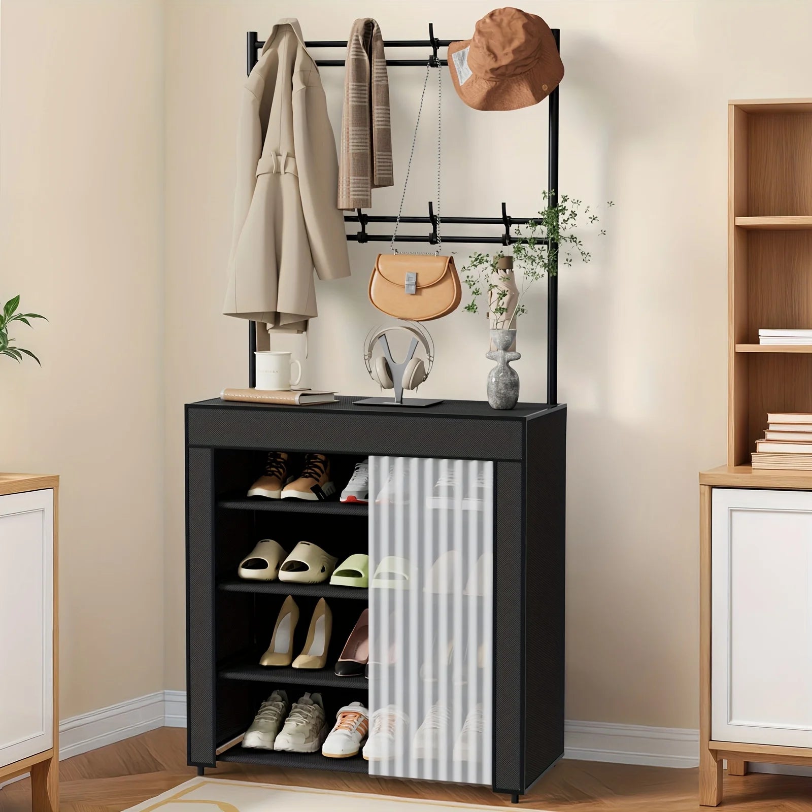Organizador Metálico Multifuncional 3 en 1 con 5/6 Estantes y 8 Ganchos Desmontables para Zapatos y Entrada