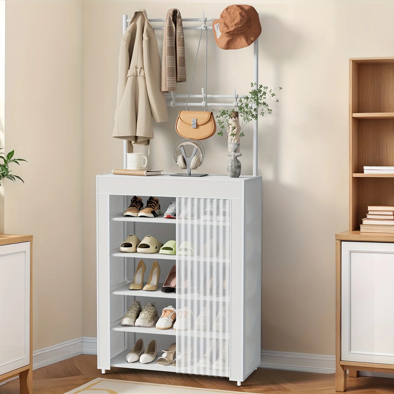 Organizador Metálico Multifuncional 3 en 1 con 5/6 Estantes y 8 Ganchos Desmontables para Zapatos y Entrada