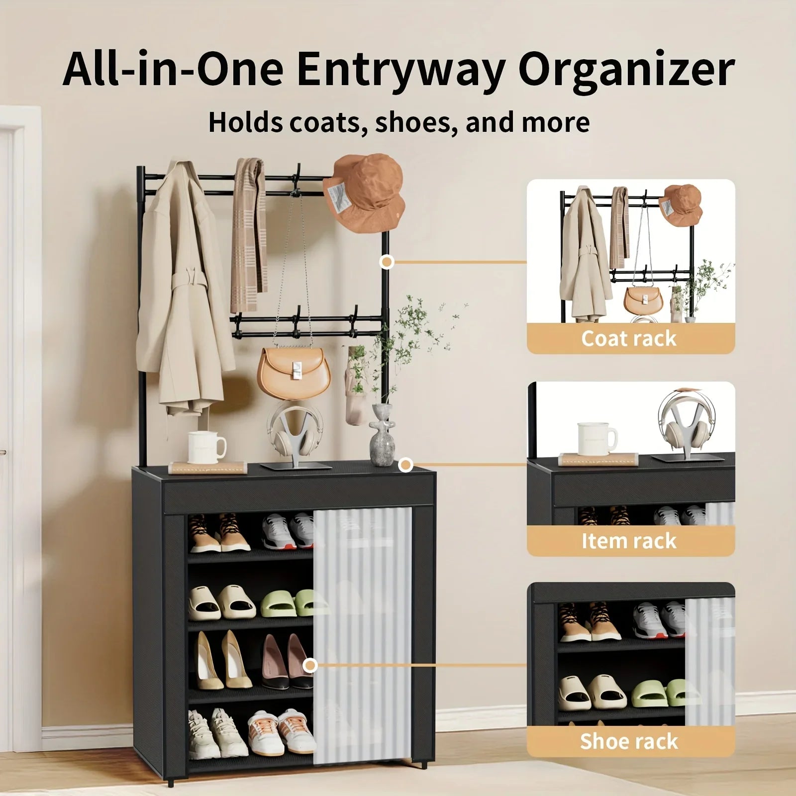 Organizador Metálico Multifuncional 3 en 1 con 5/6 Estantes y 8 Ganchos Desmontables para Zapatos y Entrada