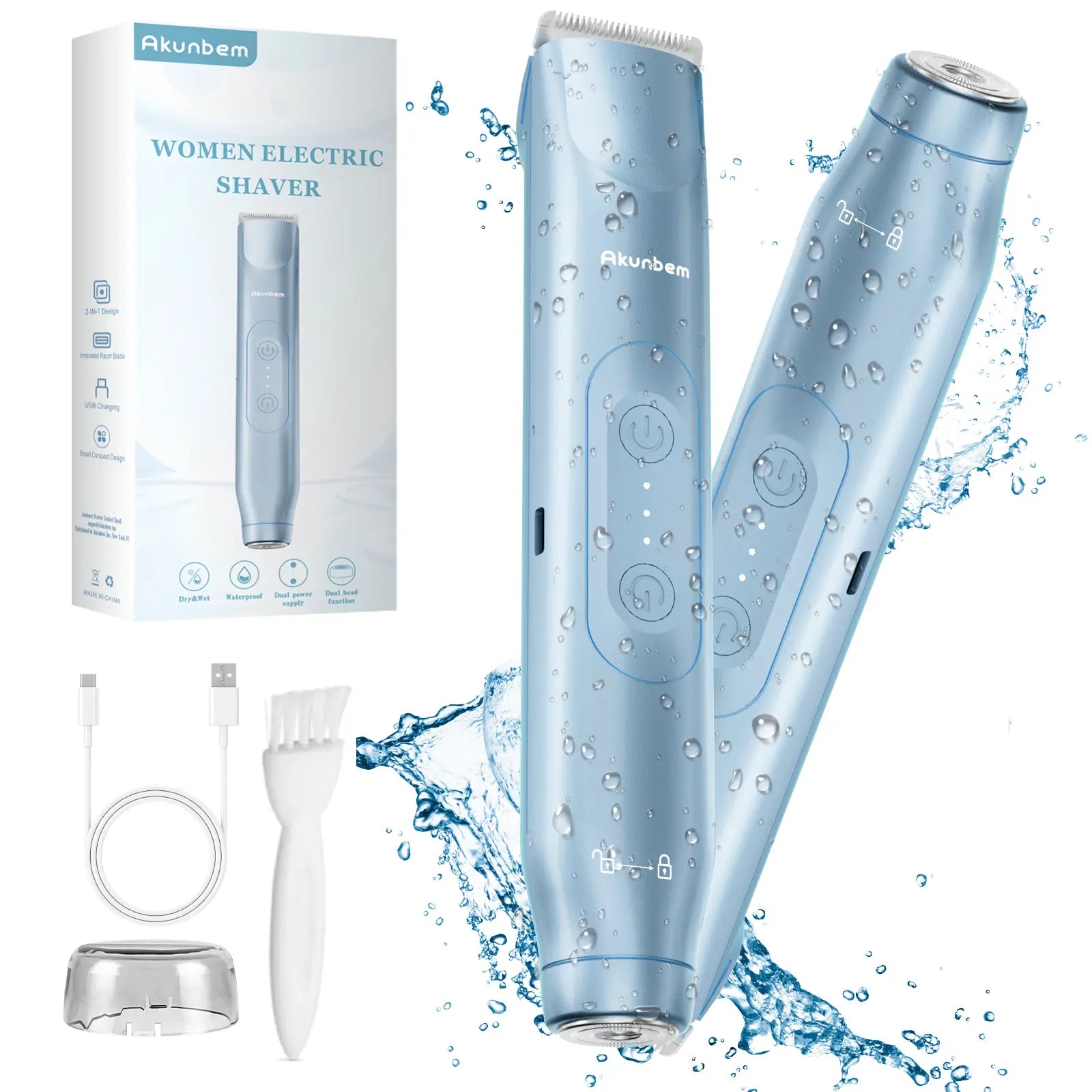 Depiladora Eléctrica 2 en 1 Akunbem para Mujer Recargable e Impermeable IPX7 para Rostro, Bikini, Axilas y Piernas