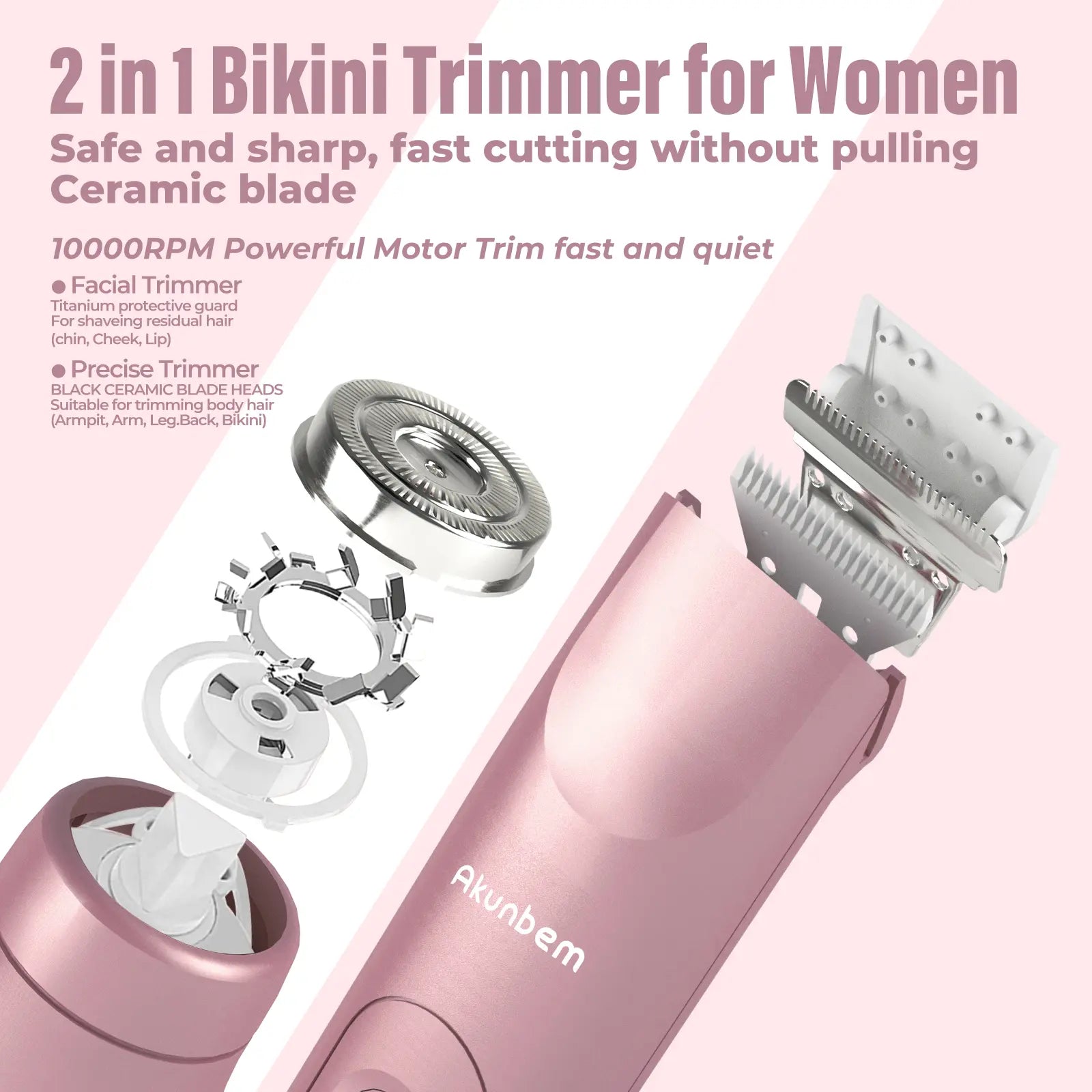 Depiladora Eléctrica 2 en 1 Akunbem para Mujer Recargable e Impermeable IPX7 para Rostro, Bikini, Axilas y Piernas