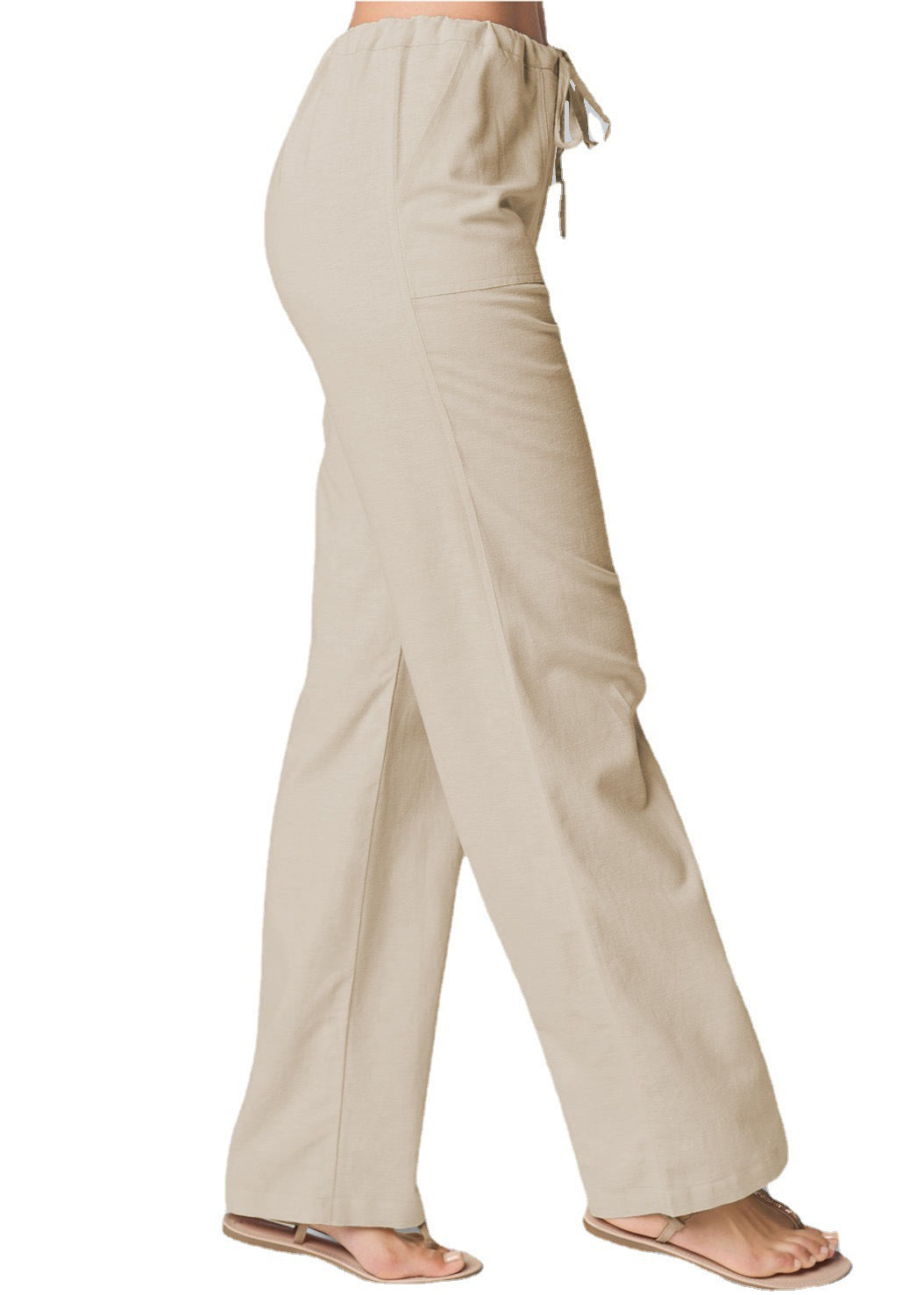 Pantalón Recto de Algodón y Lino para Mujer Diseño Suelto con Cordón Ajustable y Color Liso