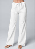 Pantalón Recto de Algodón y Lino para Mujer Diseño Suelto con Cordón Ajustable y Color Liso