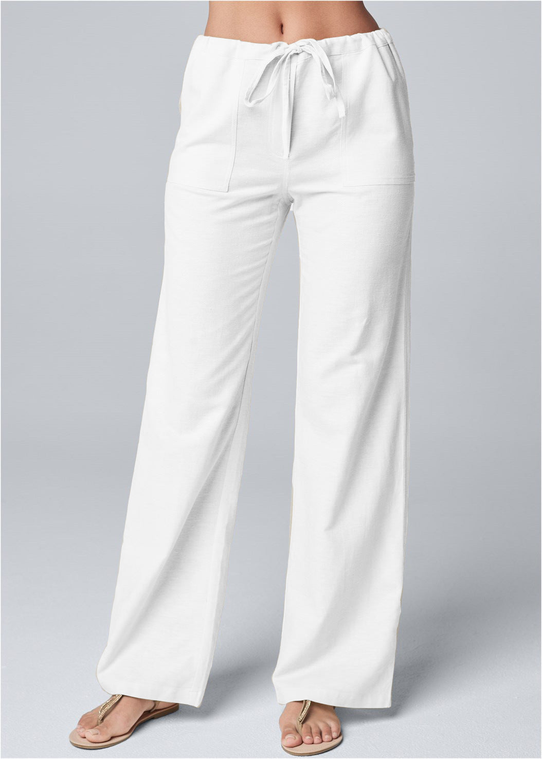 Pantalón Recto de Algodón y Lino para Mujer Diseño Suelto con Cordón Ajustable y Color Liso
