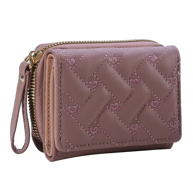 Billetera para Mujer Triple Plegado con Bordado de Corazón y Compartimentos para Tarjetas