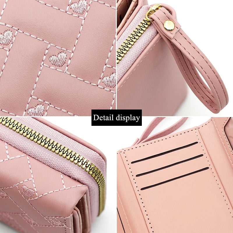 Billetera para Mujer Triple Plegado con Bordado de Corazón y Compartimentos para Tarjetas